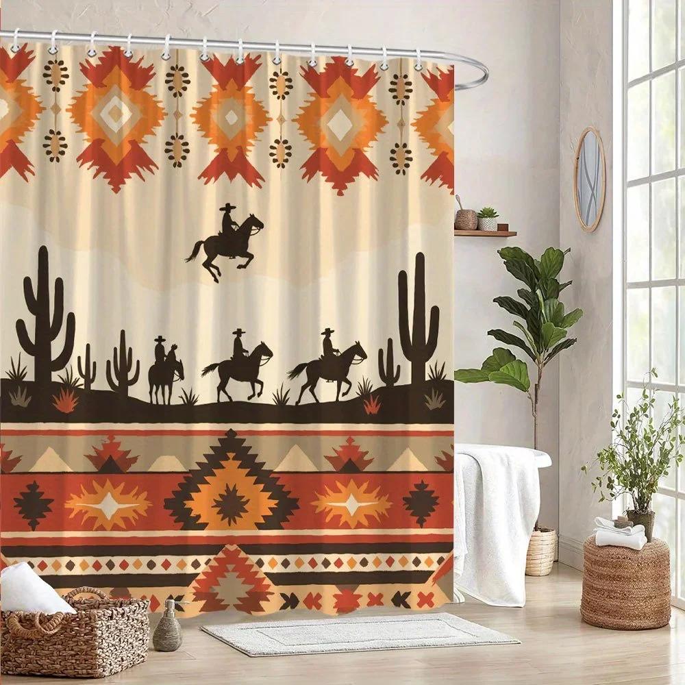 Western Cowboy Silhouette Shower Curtain - Desert Sky & Cacti, Polyester Bath Decor, Machine Washable, Includes 12 Hooks