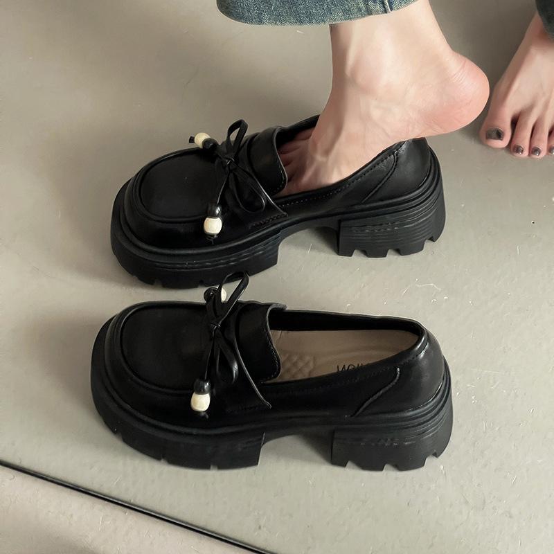 British style thick heel light mouth single shoes women's 2025 autumn French retro versatile bow small leather shoes loafers