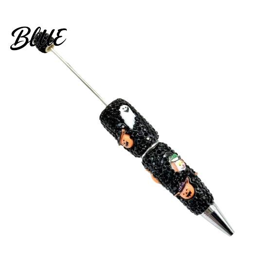 Rhinestone Writing Pen Beadable Pen Glitter Plastic Beaded Halloween Pumpkin Ghost Skull Smooth Gel Ink for DIY Craft Making School Office Supplies