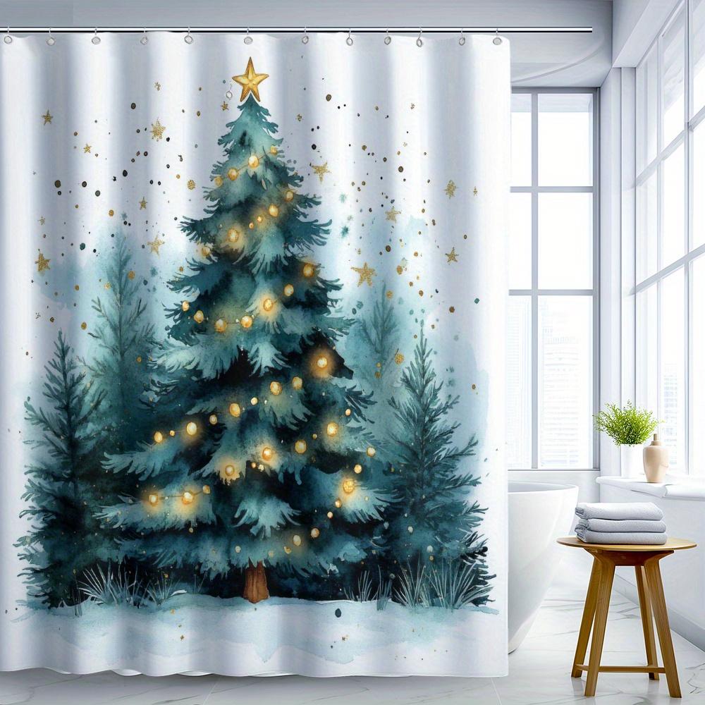 

Watercolor Christmas Tree Shower Curtain Blue Green Pine Golden Lights Stars In Winter Wonderland Scene Forfestive Bathroomdecor W60H190(CM)-1 Pcs