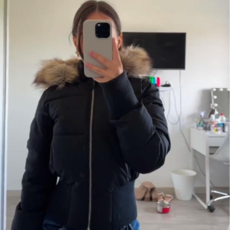 VAYLA Chic Langarm Reißverschlusstasche Cropped Jacke Mode Damen Kunstfell Kapuzen Steppmantel Winter Neu Damen Gepolsterte Oberbekleidung