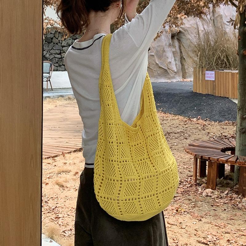 Yogodlns Retro Knitted Net Bag Shoulder Tote Beach Holiday Women's Bag Weaving Art Style Casual Minimalist Polyester Handbags