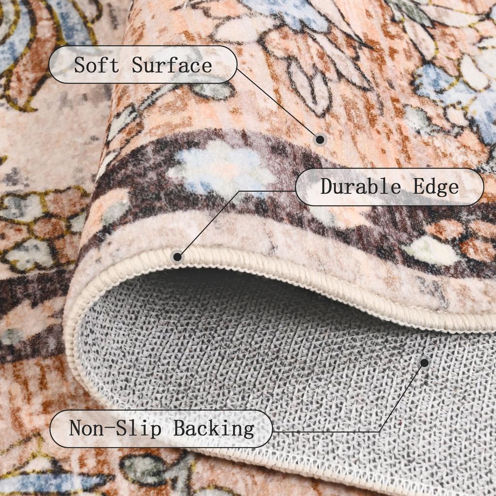 Area Rugs for Living Room, Machine Washable Vintage Rug, Non-Slip Low Pile Throw Rugs with Rubber Backing Washable Carpet
