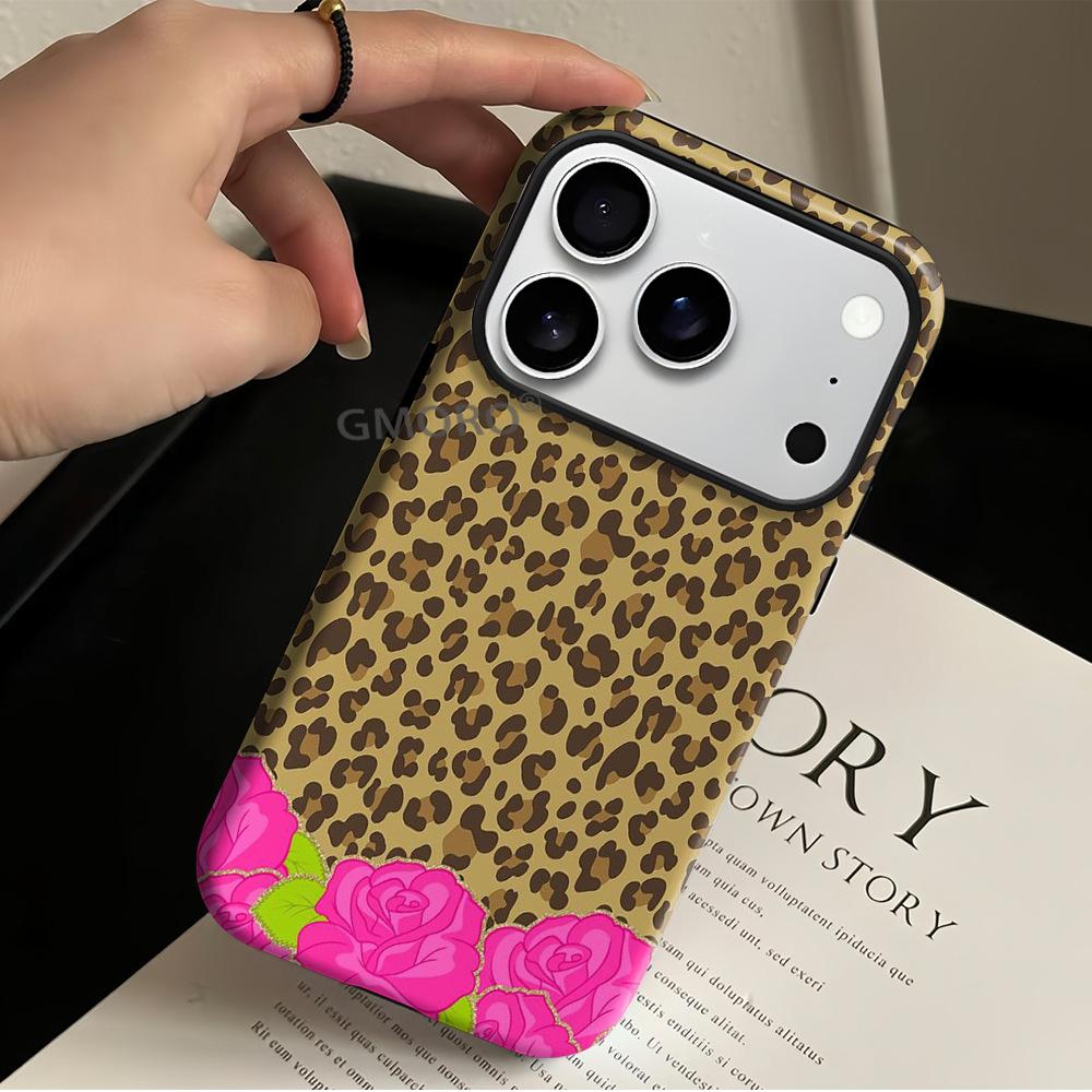 European and American hot-selling American retro rose leopard print mobile phone case iPhone15 two-in-one film magnetic case Apple 17