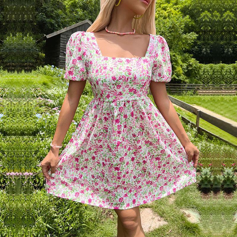 Summer Women's Temperament Square Neck Floral Dresses Chic Comfortable and Versatile Temperament Elegant Casual Women's Clothing Gentle Lady's Dress