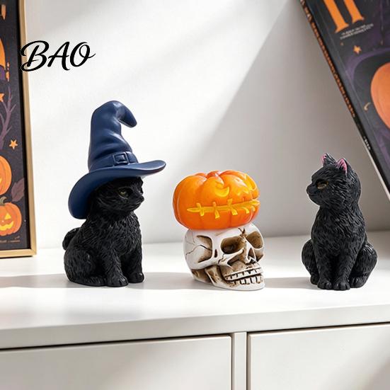 Halloween Party Decoration Cat Figurine, Resin Witch Hat/Moon/Pumpkin/Skull Statue Durable for Tabletop, Mantel, Shelf, Desk Decor Smooth Surface