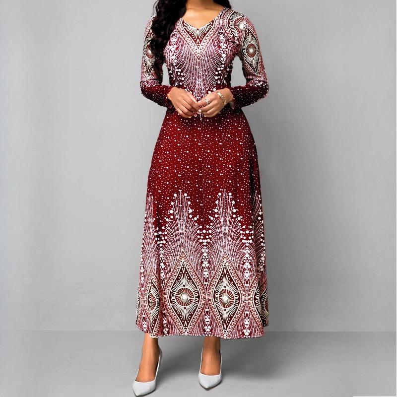 

QICED Женское платье макси с круглым вырезом, винтажным принтом и длинным рукавом, весна-осень XXXXXL красный