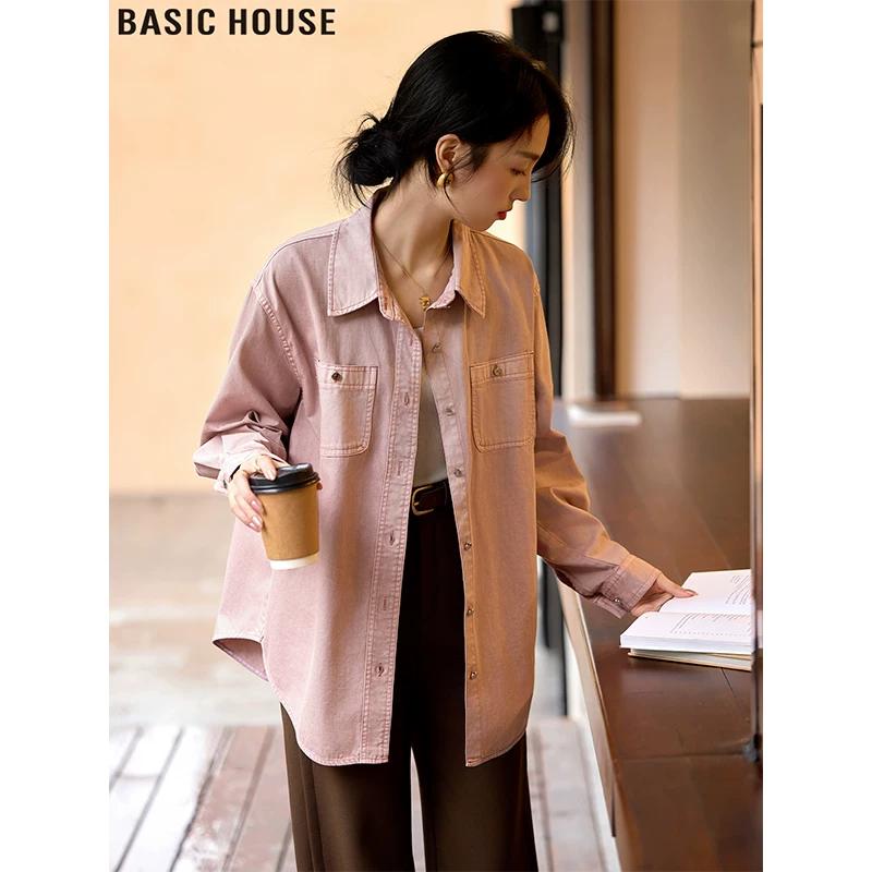 Basic House Women s Pink Retro Oversized Denim Work Shirt L