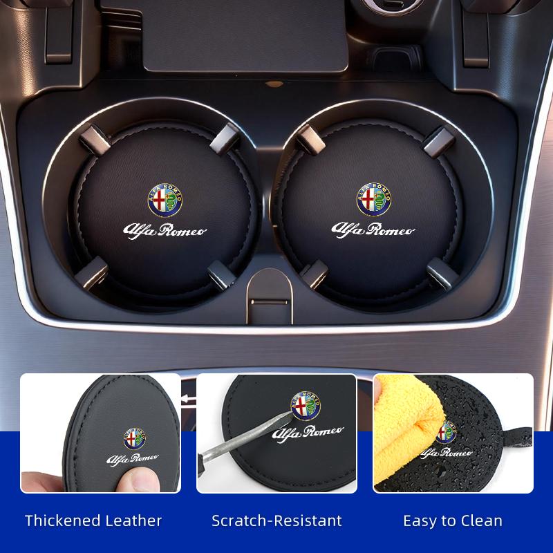 qctfz6 Car scratch resistant leather wrapped water cup pad For Alfa Romeo 159 Giulietta Giulia 147 Mito 156 166 GT Stelvio F1 Volante