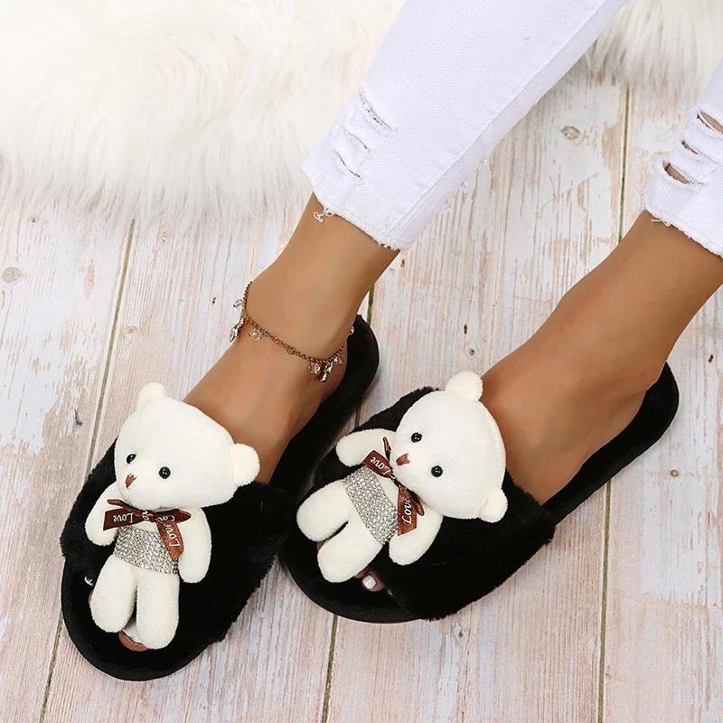 Fashion 2025 Fashion Women Winter House Furry Slippers Cute Bear Decoration Women's Slippers Soft Bottom Indoor Home Slides Mujer