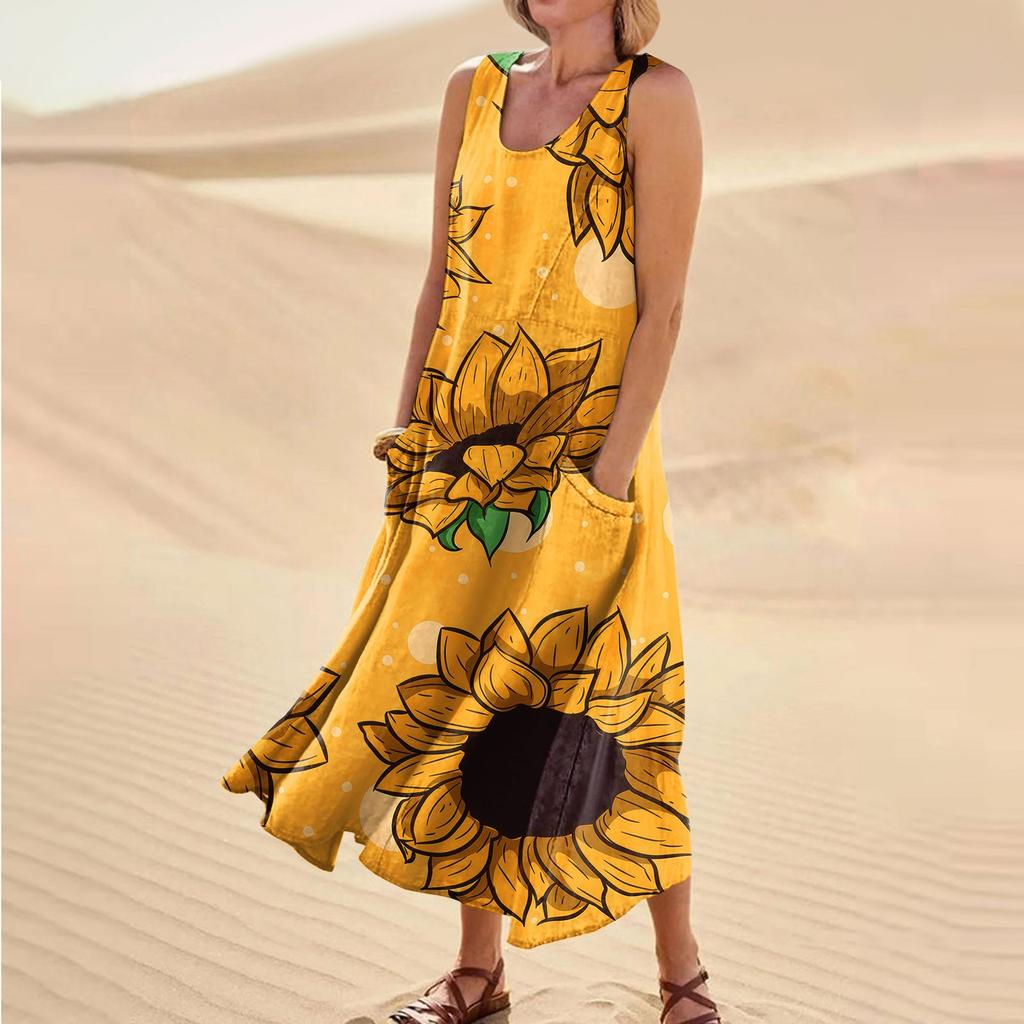 Dámské letní ležérní módní šaty s kulatým výstřihem a kulatým výstřihem s potiskem