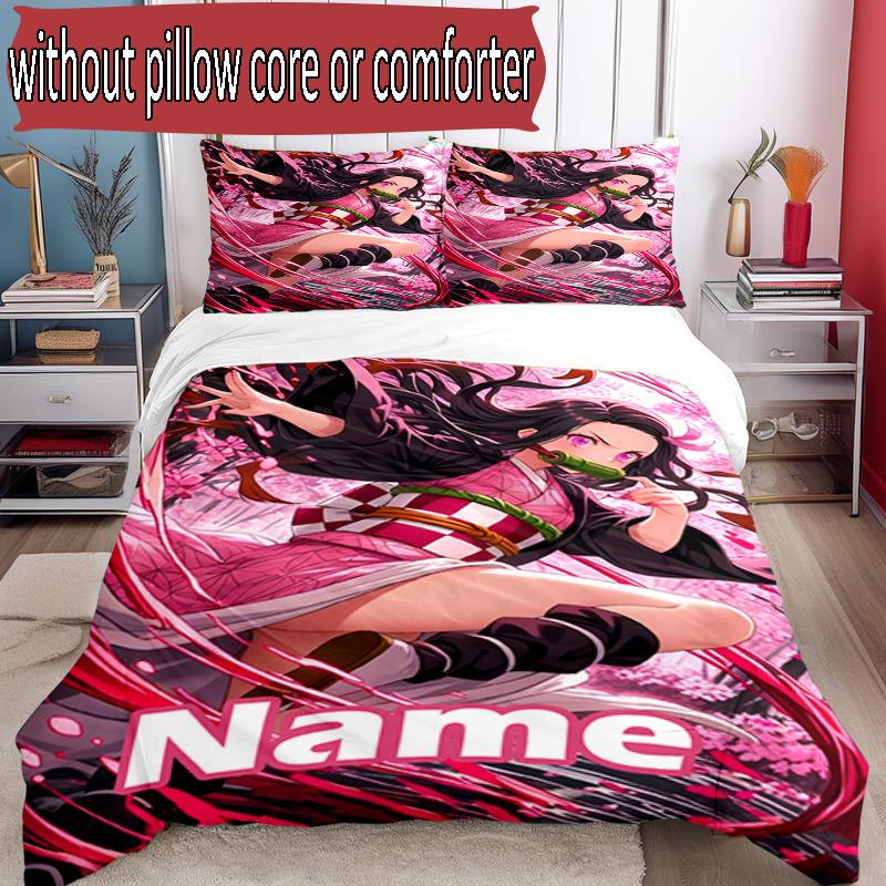 3pcs Duvet Cover Set (1*Duvet Cover + 2*Pillowcase, Without Core), Custom Name Demon Slayer Pattern Bedding Set, Home Bedroom Decor Gift