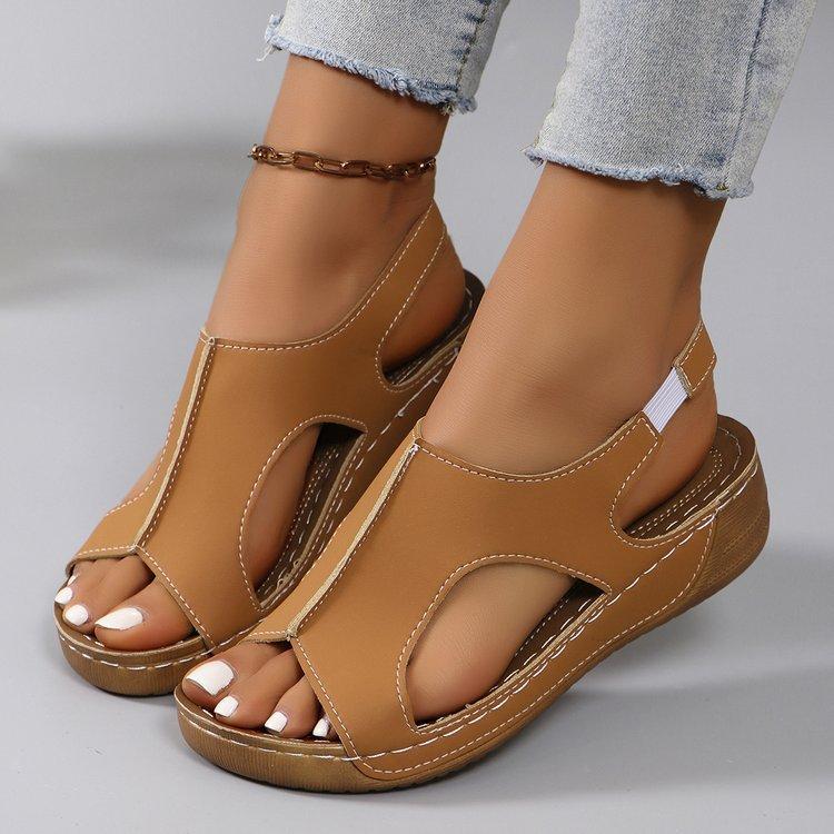 

2025 new summer sandals women s shoes large size casual slope heel thick sole elastic band fish mouth sandals women s spot 43 коричневый