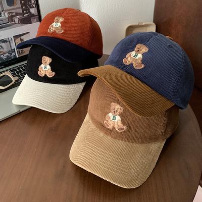 Cute Bear Embroidered Corduroy Color Blocked Baseball Cap for Women Autumn and Winter Large Head Cap Versatile Hat