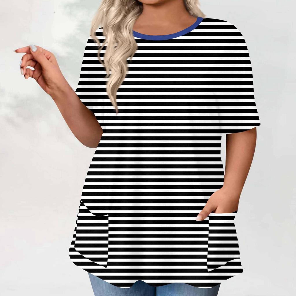 Womens Plus Size Tops Shorts Sleeve Shirts Round Neck Printed Casual Pockets Clothing Clothes Tops