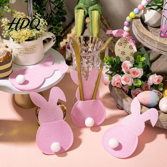 Spring Party Dining Accessory 4 Pcs Easter Bunny Cutlery Holders Felt Tableware Pouch Bags Cute Rabbit Utensil Table Ritual Decor Sleeve Fork Spoon