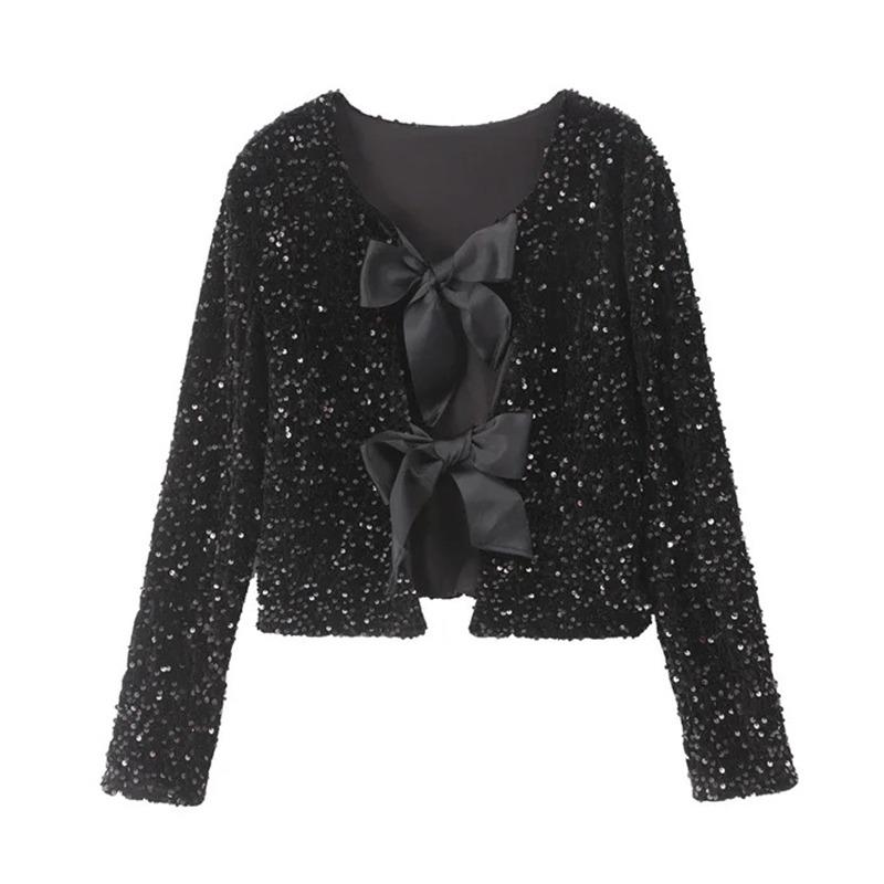 Elegant Bow Handmade Sequins Short Shirt Women Lace-Up Shinny Sweet Top New Fashion Long Sleeve O-neck Blouses Beautiful Thin Coat Casual Outwear