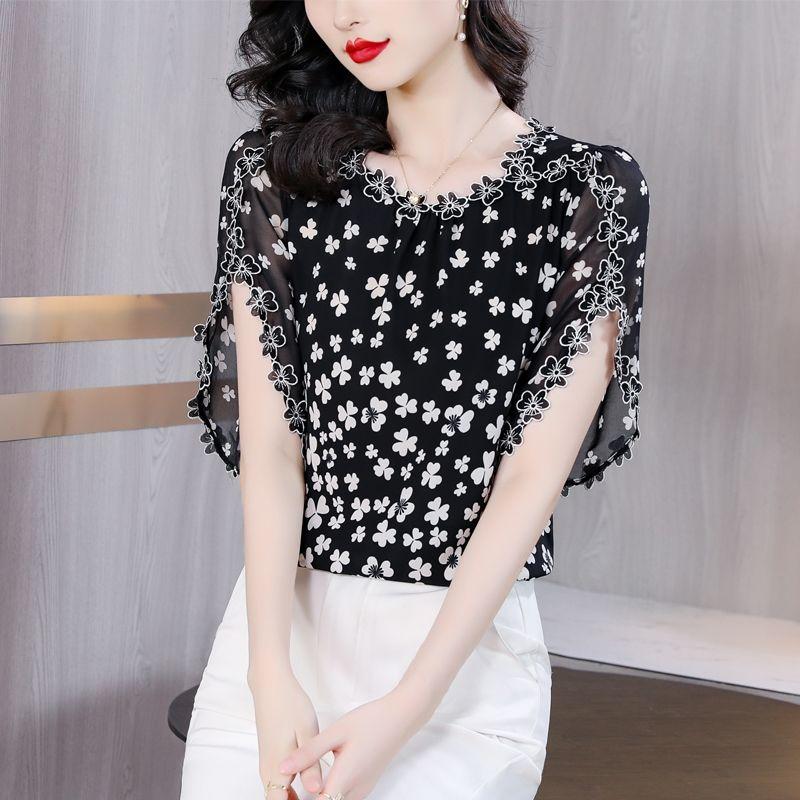 Thin French Floral Shirt for Women's Summer New Fashion Chiffon Blouse Short Sleeved Bottoming Top M-4XL
