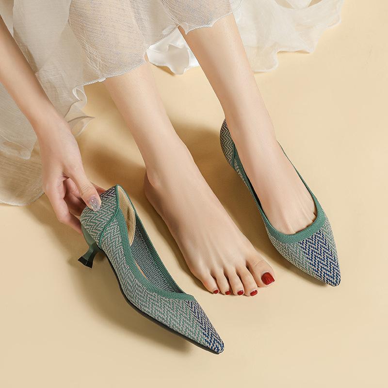 Escarpins à talons aiguilles pour femmes, bout pointu, en tricot, à enfiler, pliables, confortables, décontractées, formelles, habillées, à talons bas, pour la marche, le bureau, le travail, pour femmes