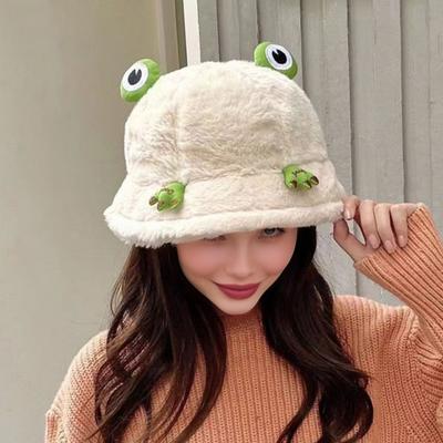 Yousheng Winter Bucket Hat Cartoon 3D Frog Design Thickened Windproof Warm Plush Fisherman Hat Women Outdoor Activity Accessory