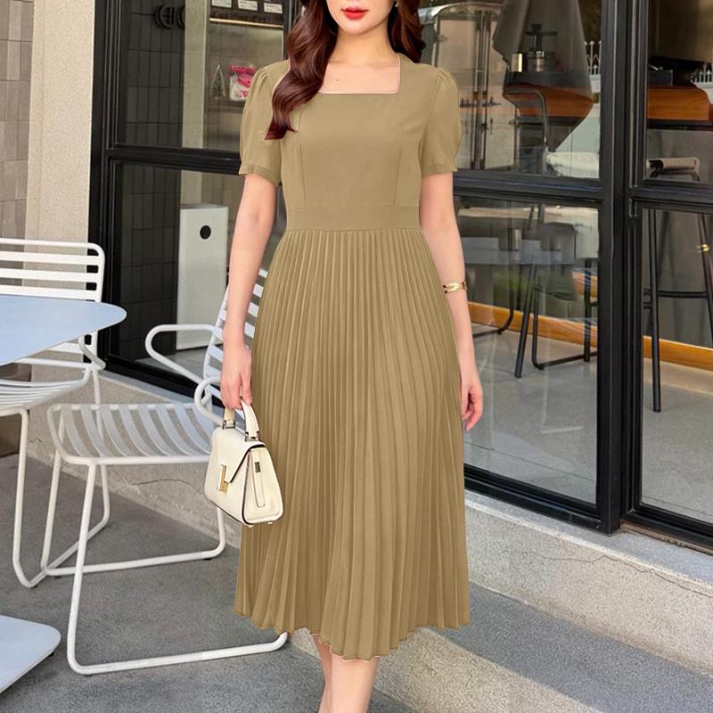 

ZANZEA Women Square Collar Summer Casual Short Sleeve Pleated Dress 5XL