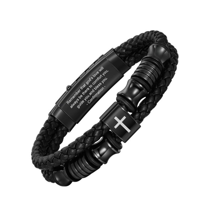 Mens Adjustable Stainless Steel Cross Pendant Braided Leather Bracelet Fashion Casual Wear