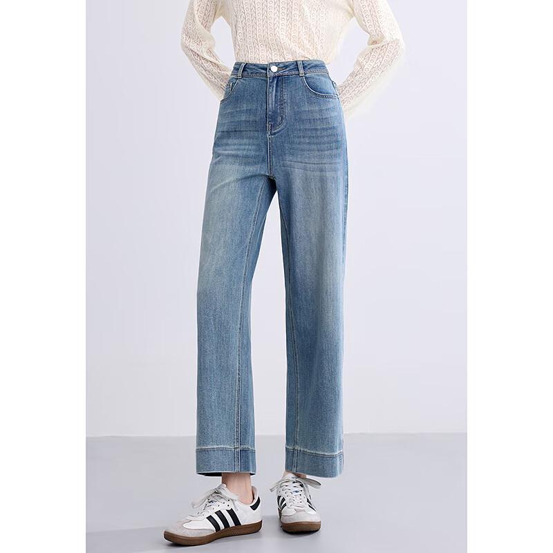 BETU Women's Contrast Stitch Cropped High-Waist Denim Wide-Leg Pants