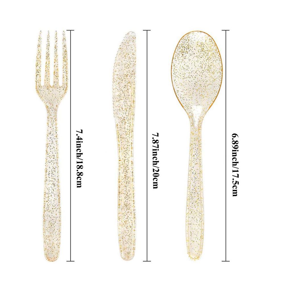 75pcs Gold Plastic Silverware- Disposable Gold Glitter Plastic Cutlery- Plastic Flatware Includes 25 Forks, 25 Spoons, 25 Knives