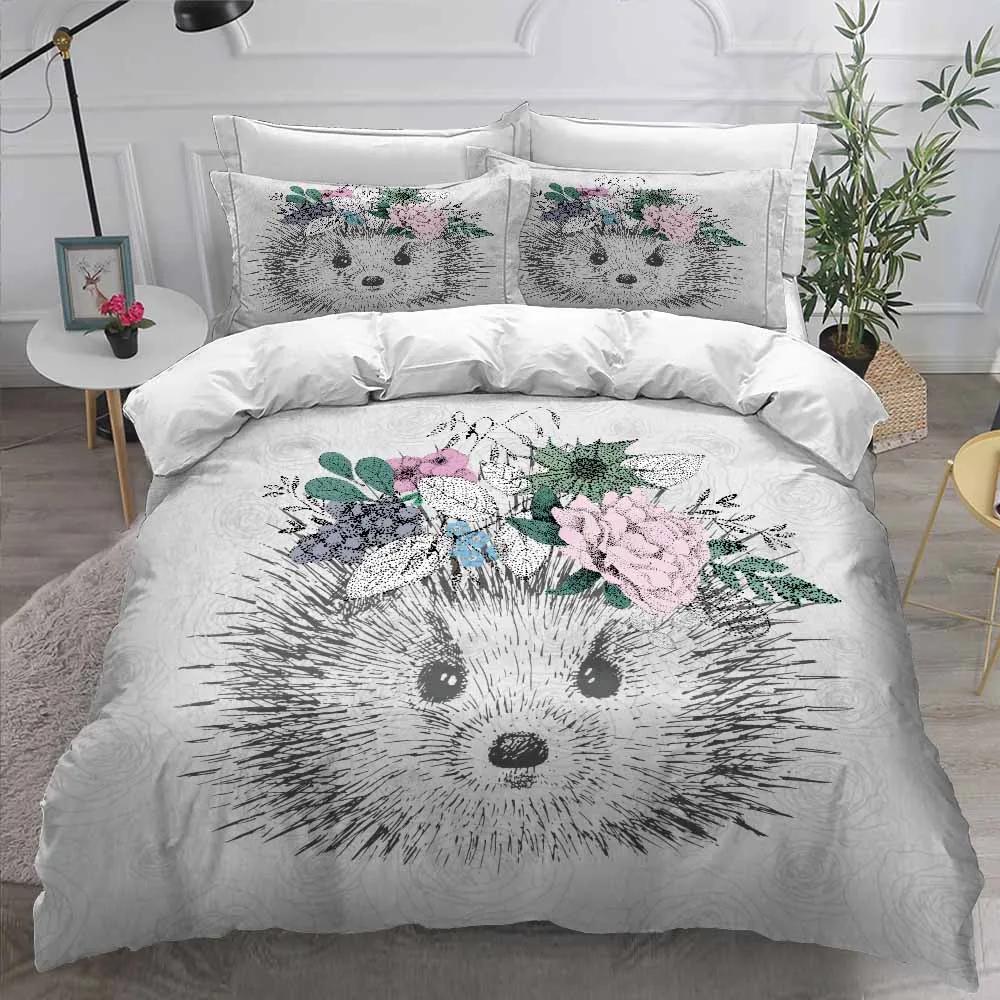Printed Flower Hedgehog Duvet Cover Set Super Soft Comfortable 100% Polyester Bedding Set Cute Cartoon Kids Bed Linens Girl Boy