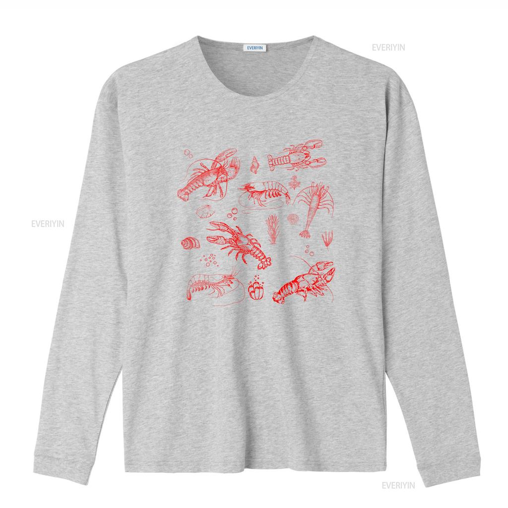 Casual Streetwear Line Art Red Seafood Lobster Shrimp Print T Shirt Vintage Washed Unisex Soft Fashion Stretched