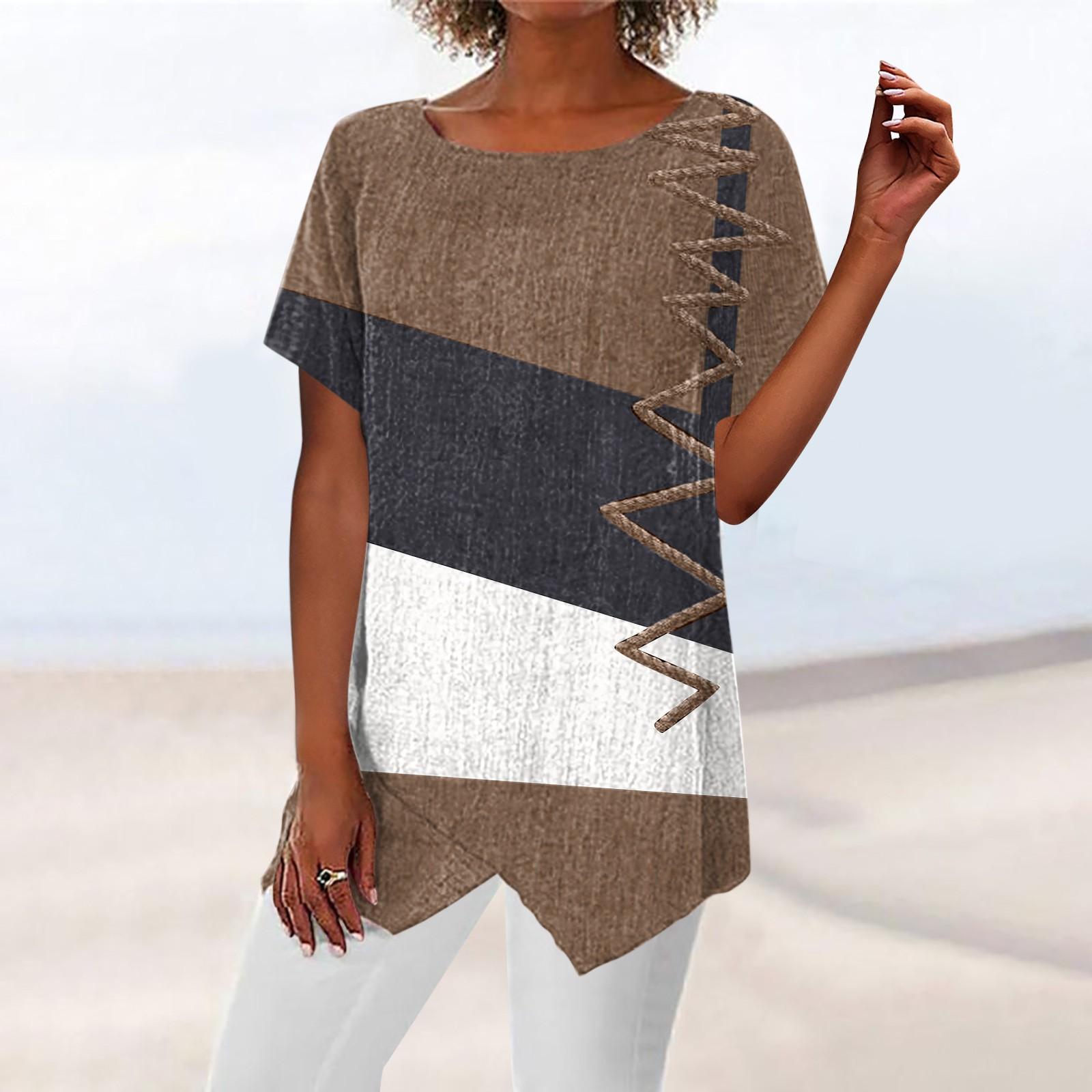 

Женская летняя рубашка-блузка с принтом и коротким рукавом, повседневная базовая футболка с круглым вырезом и нерегулярным подолом XXXL коричневый