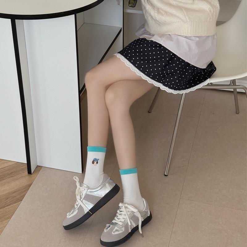 Cartoon Embroidered Socks, Cute Girl Puppy Mid-calf Socks, Autumn Color-blocking Pile Socks, Boneless Socks