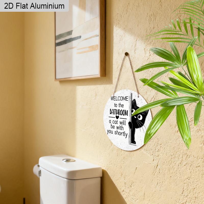 2D Flat Aluminium Bathroom Sign with Black Cat Pattern - Funny Decorative Sign & Plaque - Ideal for Bathroom Wall Decoration - Home Hanging Decor for
