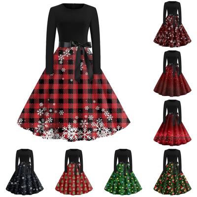 Christmas Print Flare Dress For Women Round Neck Long Sleeve Dress Casual Dresses