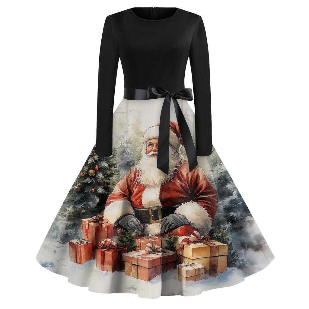Robes de soirée imprimées de Noël à manches longues et col rond pour femmes