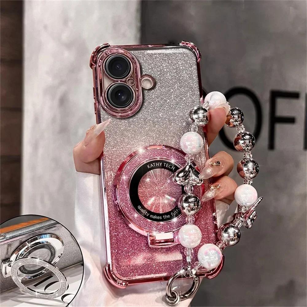 Shockproof Plating For Magsafe Bracket Bead Bracelet Case For Xiaomi Redmi Note 14 15 Pro Plus 15 15C 14C 14S 5G Glitter Cover