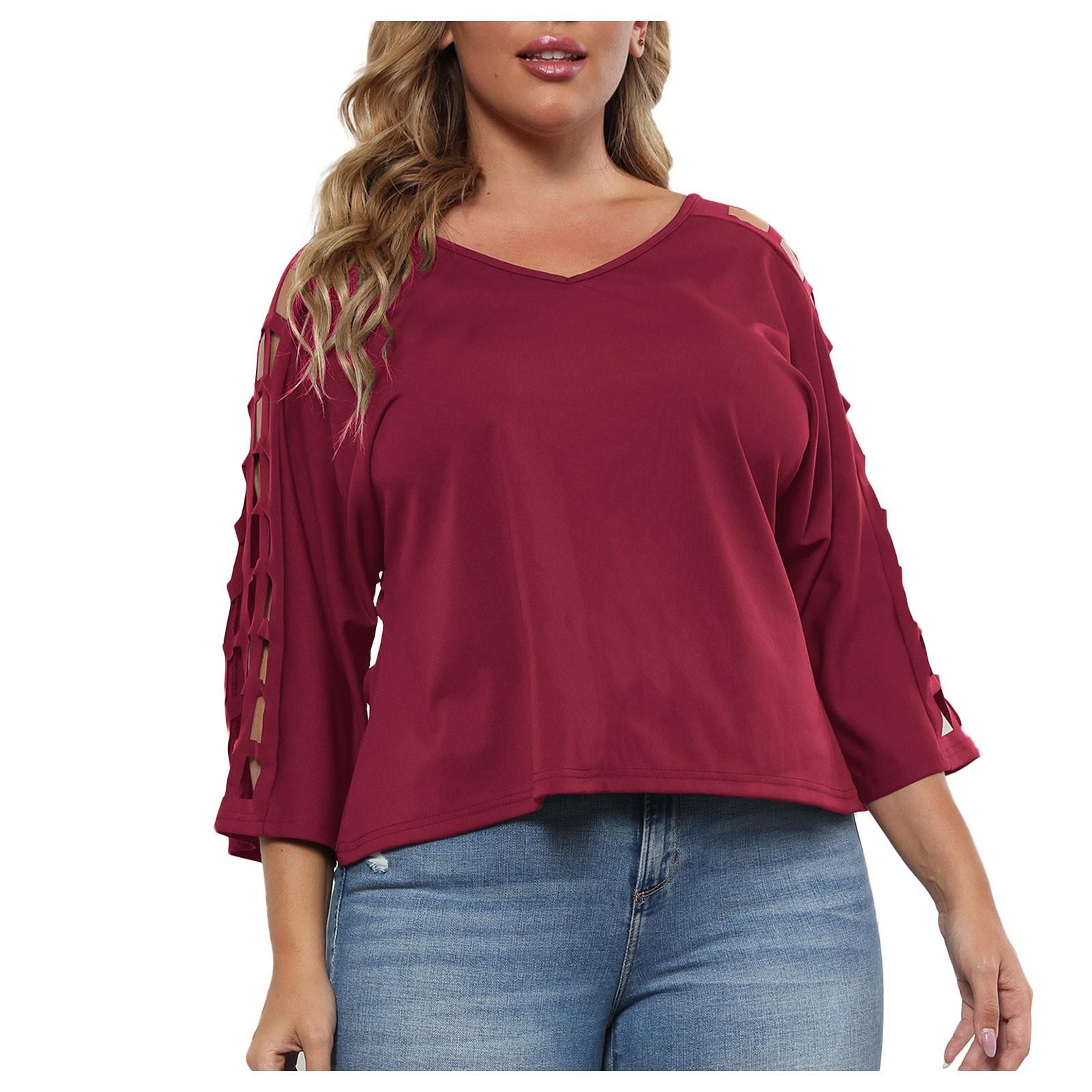 

Женский летний повседневный модный сексуальный удобный свободный топ большого размера с полым v-образным вырезом, однотонный топ с рукавами три четверти XL винный