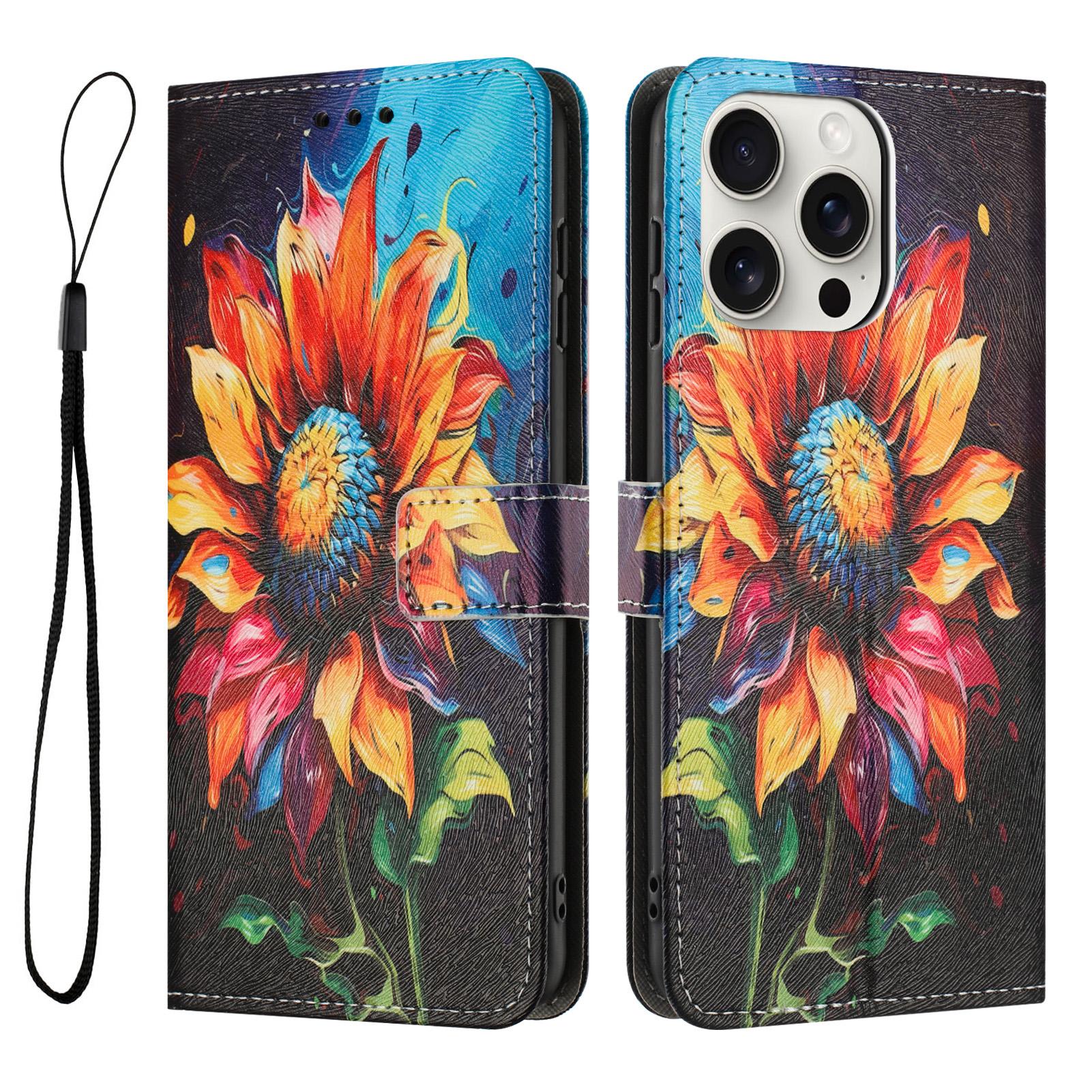 

YX-2501 For iPhone 16 Pro Max Stand Case Pattern Printing PU Leather Wallet Phone Cover with Lanyard Sunflower