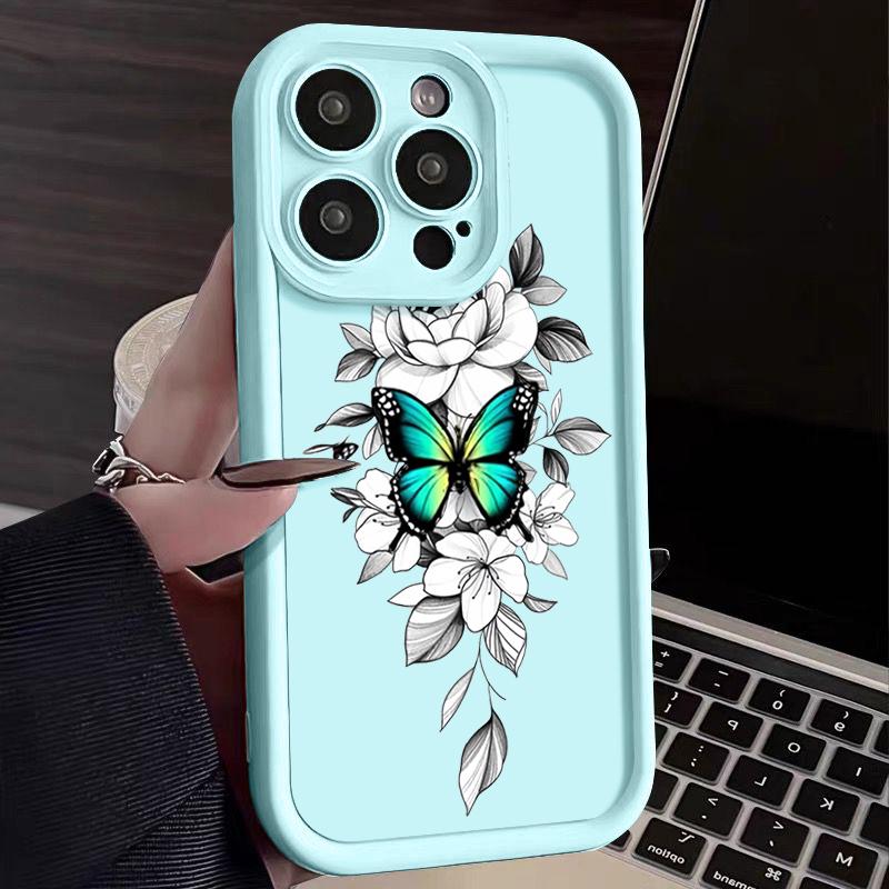 Butterfly Flowers Pattern Soft Silicone Case For iPhone 15 16 14 Pro Max 15 14 Plus 11 12 13 Pro 16E XR Shockproof Phone Cover