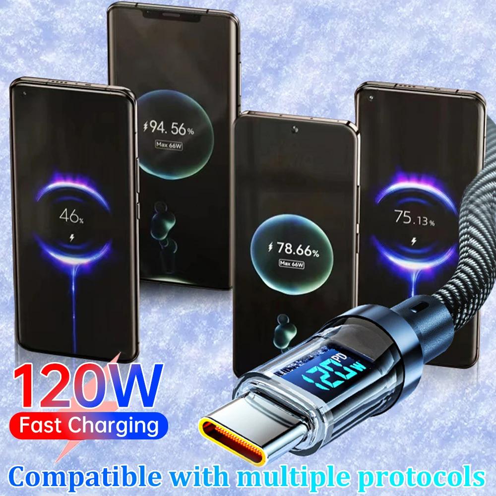 Cablu USB tip C de 120W cu afișaj LED Cabluri de încărcare super rapidă USB A/USB C la cablu de date tip C pentru iPhone Samsung Xiaomi