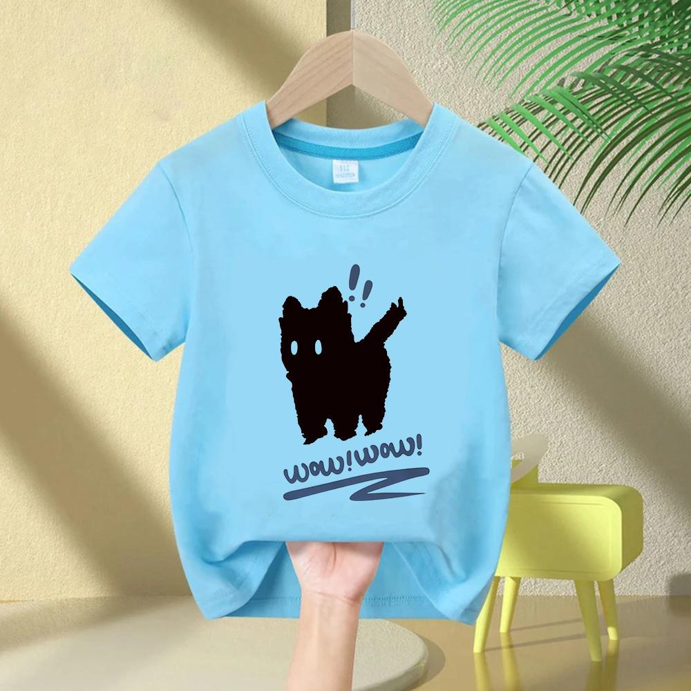 Funny T Shirt Cat Letter Print Crew Neck TShirt Kids Casual Short Sleeve Top for Spring Summer Girls Clothing