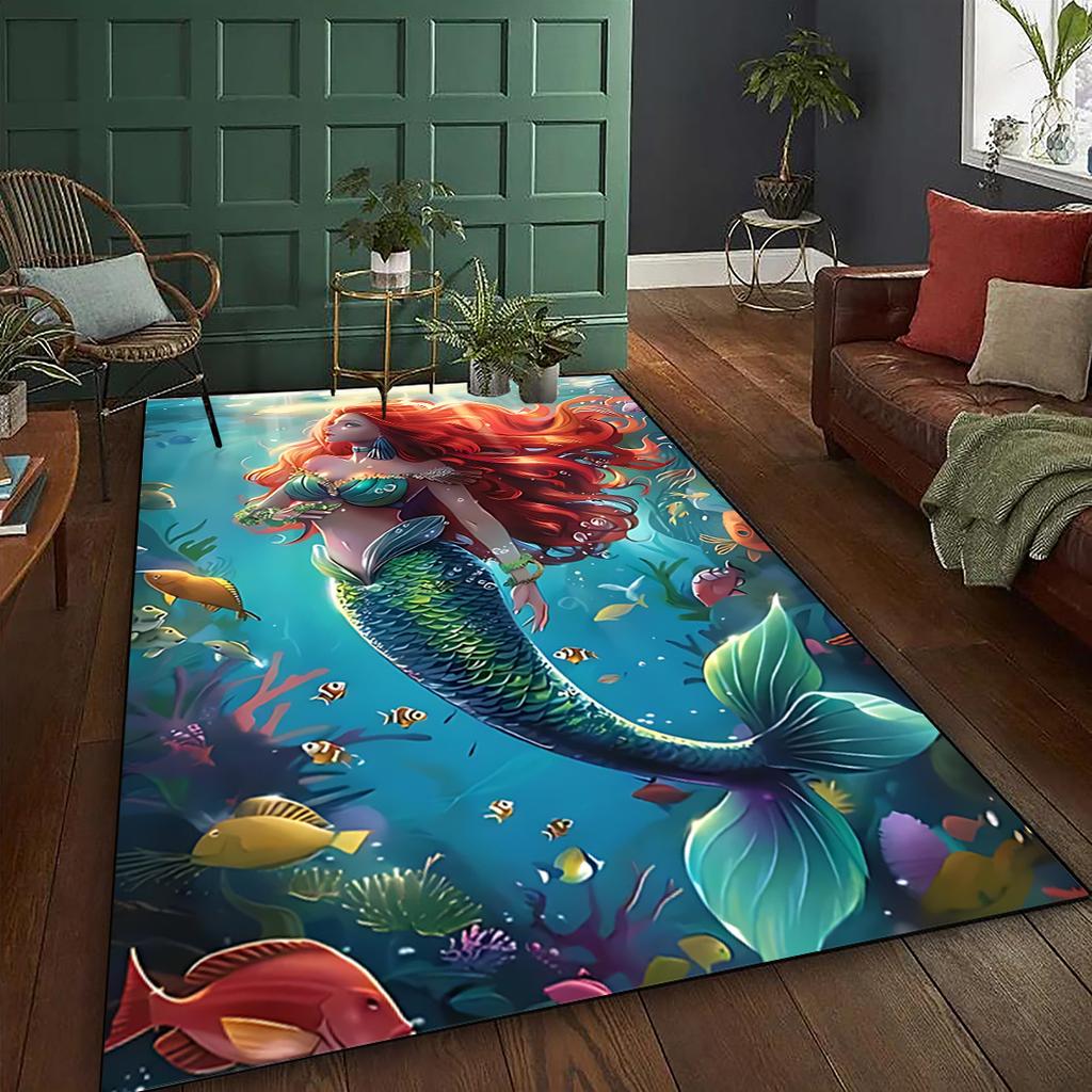 Mermaid Rug - Washable Polyester Mat, Machine Made, Suitable for Living Room, Bedroom, Indoor Use, Camping, Outdoor Decoration