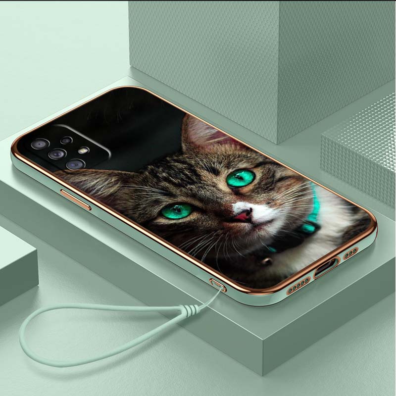Luxury Plated TPU Phone Case With Lanyard for Samsung Galaxy A04 A05s A13 A14 A24 A54 A34 Note20 S23 Ultra Cases A41 Cool Cat Black Design Art Cover