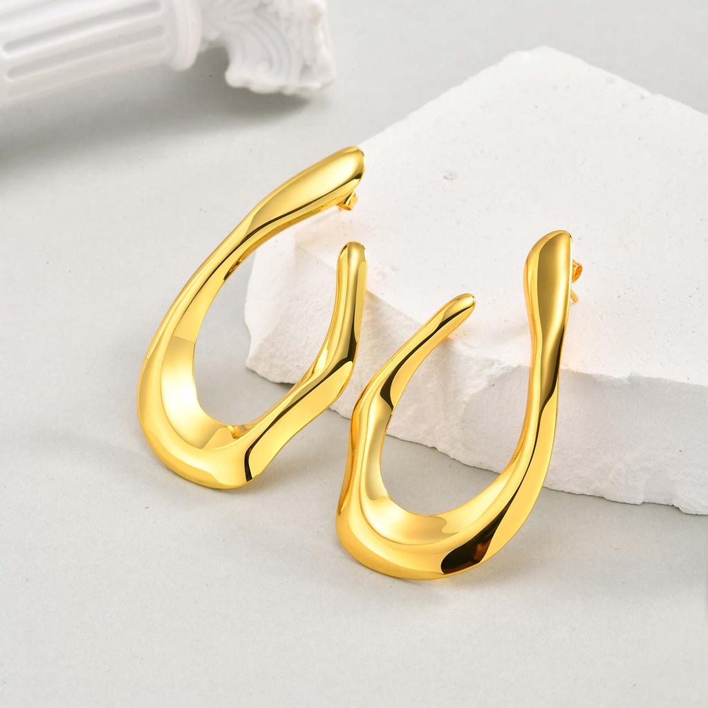 Irregular U-shaped Earrings for Women,Gold Color Exaggerated Stainless Steel Stud Earrings,Vintage Geometric Jewelry Gifts