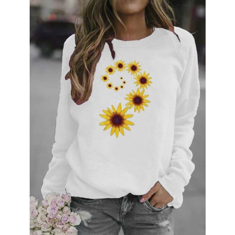 Women s sunflower print round neck long sleeved shirt XS