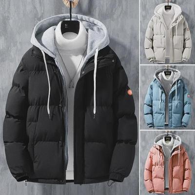 Men's New Style Faux Two-Piece Cotton Winter Coat: Loose, Hooded, Thickened, and Warm Student Fashion.