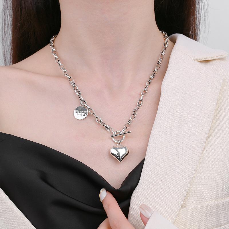 S925 Sterling Silver Niche Design Round Brand English Pendant Splicing Three-dimensional Love Ot Buckle Collarbone Chain Necklace