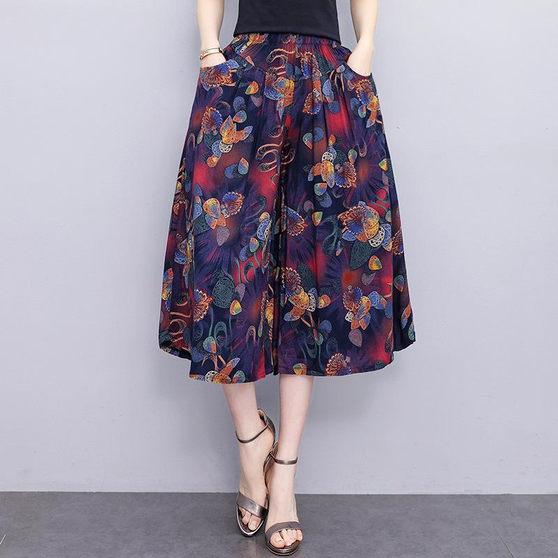 Summer Wide Leg Pants Women Ethnic Style Elastic High Waist Print Pants Female Casual Summer Calf-Length Pants Skirts