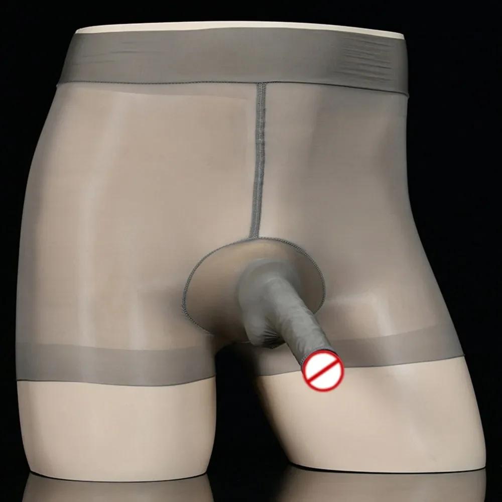 Oil Shiny Glossy Sheath JJ Open/ Close Boxer Brief Men See Through Underwear Long Penis Pouch Short Gay Elephant Bulge Panties
