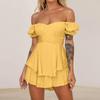 Sexy Women's Off Shoulder Solid Color Short Sleeved Pleated Layer Back Zip Short Jumpsuit